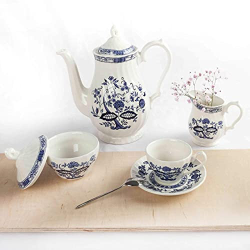 Juego de Café de porcelana blanco azul estilo Inglés 27 piezas - 12 Tazas, 12 Platitos, 1 Cafetera, 1 Lechera, 1 Azucarero | Modelo Inglés Churchill