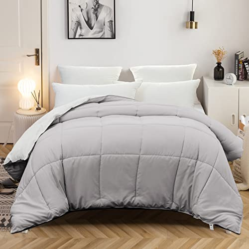 MOHAP Couette Bicolore 4 Saisons Couette d'été Légère 450g/m² 220x240cm Hypoallergénique Gris Clair + Blanc Couette de Lit Réversible 2 Personnes Edredon