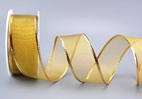 finemark 20 m x 40 mm Dekoband LUX Gold glänzend transparent Schleifenband Geschenkband mit Draht Drahtkantenband Weihnachten metallisch mit Glanz Kante elegant Christmas Ribbon metallic