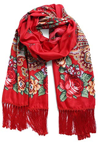Gudessly, Traditional Tassel Exotic Wrap Printed Scarf for Women Warm Soft Large Long Rectangular Fashion Scarves, Red, One Size