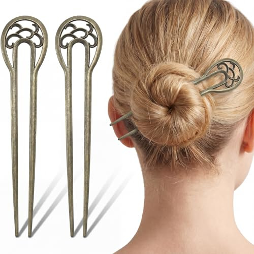 Chuangdi 2 Pieces U Shaped Hair Pins French Twist Hairpins Nordic Prestige Hair Forks Sticks Classical Metal Long 2 Prong Updo Chignon Pins Vintage Accessory Gift for Women Long Thick Fine Hairstyles