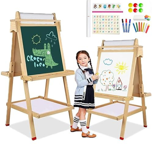 Kinder-Staffelei mit Papierrolle, doppelseitig, Kreidetafel, Whiteboard, Kleinkind, Holz, Malerei, Kunst, Stehstaffelei, höhenverstellbar, mit Ablageschale, Buchstaben, Zahlen und anderem Zubehör