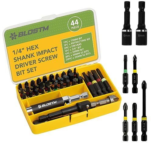 BLOSTM Impact Driver Bit Set - 44 PCS | Shock-Resistant Steel Impact Screwdriver Bit Set with Retracting Impact Driver Bits Holder, 1/4” Hex Shank Bits & Nut Drivers