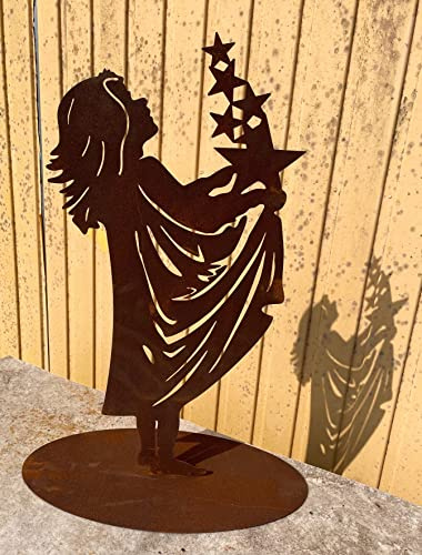 Gartenfigur Mädchen fängt Sterne 64cm auf Platte Edelrost Gartendeko Wetterfest Rost Metall Rostfigur Sternenmädchen von Steinfigurenwelt