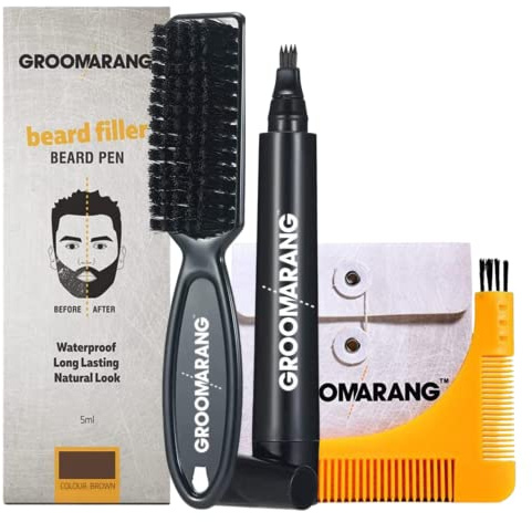 Beard Pen GROOMARANG® Beard Pencil Filler for Men - Natural Enhancer to Fill, Shape and Define - Black or Brown PLUS Beard Shaping Comb (Dark Brown)