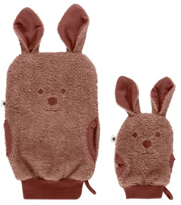 BIBS Badehandschuhe, 100% Bio-Baumwollfrottee, weich und sanft für die zarte Babyhaut, enthält eine Erwachsenengröße und eine Kindergröße (1-2 Jahre) Woodchuck