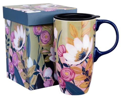 DUSVALLY Taza de café de cerámica con tapa sellada y caja de regalo, taza de café con asa para el hogar y la oficina, 17 onzas, flor