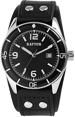Raptor Gabin Herren-Uhr Datum Unterlegarmband Leder Analog Quarz RA20367 (schwarz)