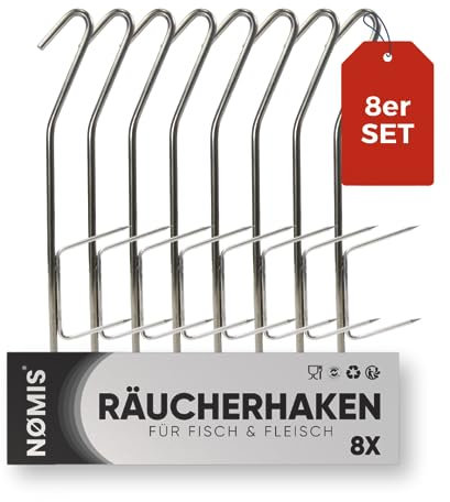 Räucherhaken [8er Set] Fleischerhaken Edelstahl für Fisch und Fleisch | Edelstahl Räucherhaken Forelle, Markele, Aal und mehr | Räucherhaken Fisch | 8x 21cm | Räucherofen u. Räucherchips Zubehör
