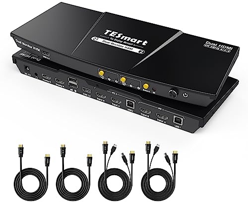 TESmart KVM Switch 2 Monitore, HDMI 2 PC 2 Monitor Switch mit Kabel×4, EDID Emulator, Audio Extractor, USB 2.0 für Tastatur Maus Scanner Drucker, HDCP 2.2, Hotkey, Button Umschalter, 4K30Hz
