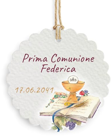 FAMÀ - Tag Bigliettini Bomboniere Personalizzati Calice per Comunione – Tag Tondi Smerlati 45 mm per Comunione 24pz