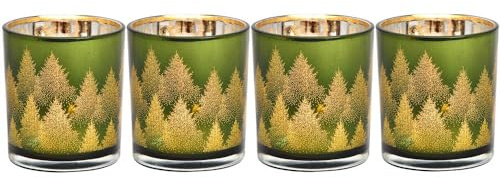 Windlichter für Teelichter aus Glas | 4 Teelichtgläser für den Adventskranz | Teelichthalter Set Weihnachtsdeko Winterdeko (Tannen grün)