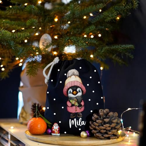 Nikolausbeutel Nikolaussäckchen Nikolaussack Nikolaus Nikolausgeschenk Weihnachtssäckchen Stiefel personalisiert mit Namen und Pinguin Motiv nkb3 - ausgewählte Farbe: *Schwarz*
