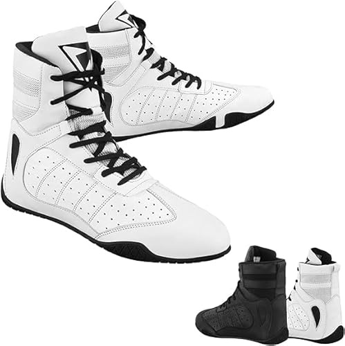 Botas de Boxeo para Hombres y Adolescentes - Zapatos de Lucha Muay Thai Kickboxing - Transpirable - Culturismo - Talla 38-47 (Blanco, 42)