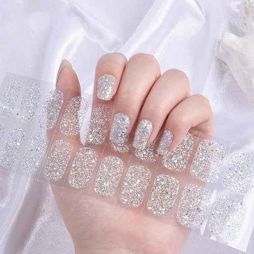 22 Stk Nagelfolie Selbstklebend, Halbgehärtete Gel Nagellack Aufkleber, Gel Nagelfolien UV Härtend, Salonqualität Langanhaltende Nagellackstreifen zum Aufkleben Gellack Wraps - Silber Glänzend