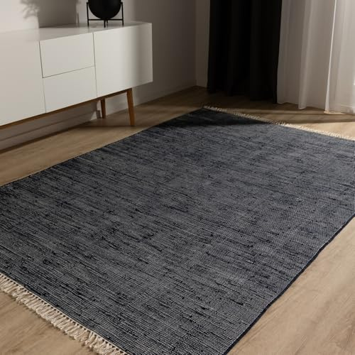 benuta Basic Bomullsmatta Tom - Mörkblå 60x100 cm - Handvävd vardagsrum - 100% återvunnen bomull - Lämplig för golvvärme