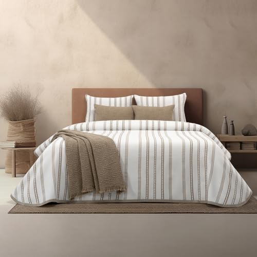 Casa da Laura María - Colcha de verano con estampado de rayas marrón claro, 280 x 260 cm, para cama de 200 cm, 50% algodón y 50% poliéster