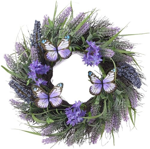 Valery Madelyn Türkranz Frühling, Künstliche Lavendel Blumenkranz mit Schmetterling, groß Ø 36cm Frühlingskranz Türkranz Wandkranz Türkranz Sommer für Zuhause, Parties, Türen, Hochzeiten Geschenk