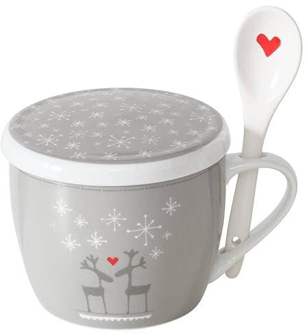 Boltze Home Weihnachtstasse Jumbo mit Deckel und Löffel LOVELIES, 600 ml, Farbe:dunkelgrau
