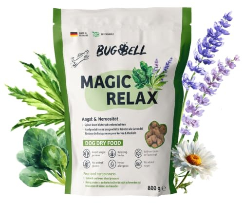 BugBell 800g Hundefutter trocken getreidefrei, Spinat & Hanf & Hanf & Heilkräuter zur Entspannung, verträgliche Insektenproteine, 100% bedarfsdeckend, hypoallergenes & purinarmes Trockenfutter