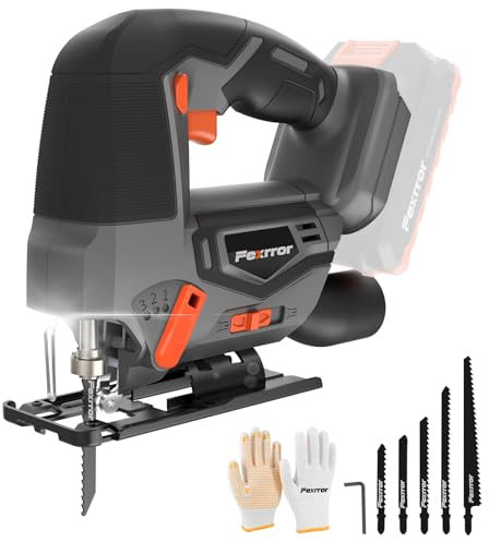 Fexrror Cordless Jigsaw Tool, Electric Jigsaw with LED Light (Without Battery and Charger) 5 Saw Blades, 0°-45° Bevel Cuts, 4-Position Orbital Setting for Straight/Curve/Circle Cutting
