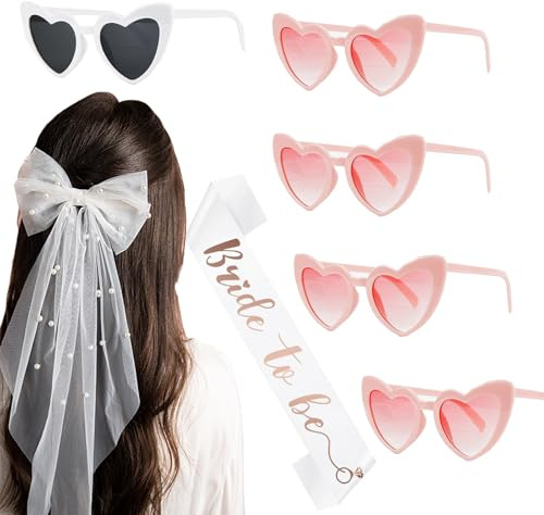 1 Schleier-Haarspange + 1 Bride to Be Schärpe + 5 Herz Sonnenbrille (4 Rosa + 1 Weiß), Jga Deko Jga Frauen Junggesellenabschied Frauen für Junggesellenabschied Brautparty und Hochzeitsfotografie