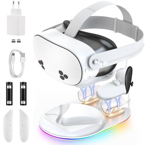GEEKERA Ladestation Kompatibel mit Meta-Quest 3S, Magnetische Ladeständ für VR Headset & Controllers, Schnellladestation mit 18W Adapter 2 Wiederaufladbare Batterien, VR Zubehör