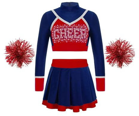 DYYEUAVT Cheerleading-uniform, barn, skolflickor, Cheerleading, uniform, dansdräkt, magtröja, blomma, bollar, Cheerleader, kostym för barn, hejande, lagkläder, hejerleader-kostym (B djupblå, 10)