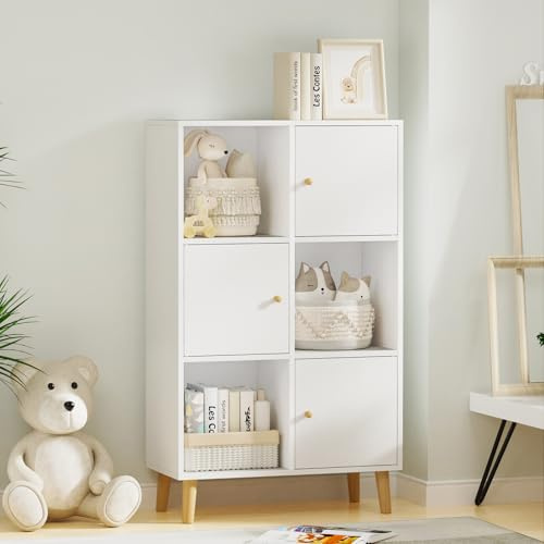 HaodaCulture Bücherregal, Regal mit 3 Türen, Würfelregal Mit 6 Fächern, Bücherschrank Standregal Aktenregal Ordnerregal, Bücher Regal Weiß, 64,5x30x109.5cm