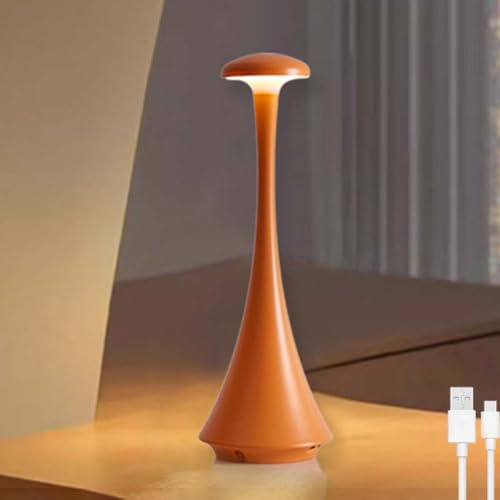 LOGT LED Pilz Tischlamp Kabellos Akku Pilz Lampe mit Touch Dimmbare Tischleuchte Modern Mushroom Lampe USB Aufladbar Tragbare Nachttischlampe mit Schalter Deko Kinderzimmer Lampe 3000K-6000K,Orange