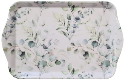 Ambiente Tablett 13x21cm Melamin mit Eukalyptus Motiv - zum Dekorieren & Servieren - kleines Serviertablett für Kaffee Tee Frühstück - Tischdeko Frühling Natur Sommer - Dekotablett modern Weiß Grün