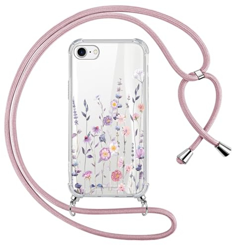 Saqmkil Nyckelbandsfodral för iPhone 16e/SE 4/SE 2025 6,1 tum, Transparent Aesthetiska Teckningar Blommor Fodral med Halsband Axelrem Snöre Hals, Flickor Mjuk TPU Silikon + PC Stötsäkert Skyddsfodral