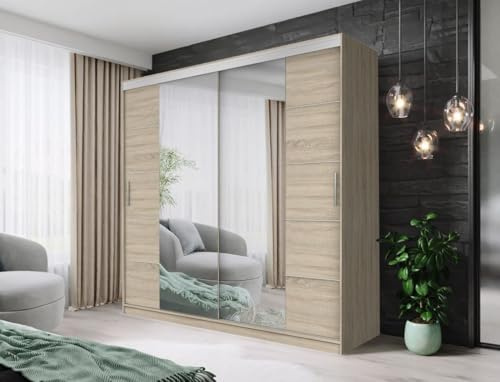 AOF-DALLAS Sliding Door Wardrobe with Full-Length Mirror | 150cm 180cm 203cm 250cm | Modern Bedroom Storage with Rails & Shelves | Optional LED Light | White, Black, Grey, Oak (Oak, 203cm)