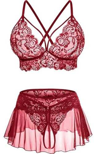 JFAN damunderkläder set transparent djup V-nackhållare blommig broderi underkläder dam 3-delad minikjol spets bh och G-string, vinröd, one size