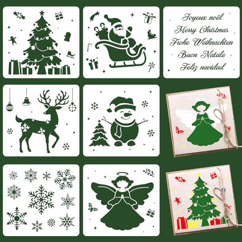 7 Pezzi Stencil Natalizi Set, FUKPO Stencil Natalizi Pittura Vetro Finestre Vassoio Tessuti Piccoli Grandi Natalizie Riutilizzabili, Alberi di Natale Bambini Scritte Buon Babbo Natalizio Decorazioni