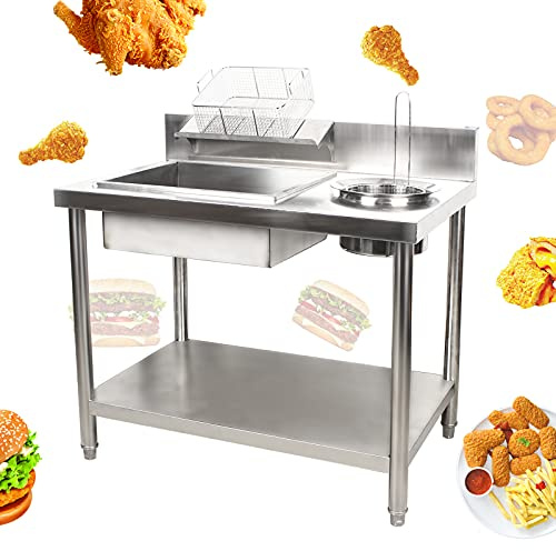 Subiudzzh Stainless Steel Fried Chicken Breading Station, Commercial Fried Food Prep Table with Basket Capacity 25kg/ 55.12lbs for Burger Shops, Fast Food Restaurants 39.37 x 25.2 x 37.4 Inch