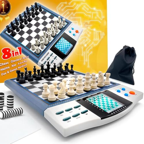 RKXKJ Juego De Ajedrez Electrónico 8 En 1, Tablero Electrónico con Memoria, Pantalla LCD, 30 Niveles De Dificultad, para Partidas De Dos Jugadores Y Juegos Familiares