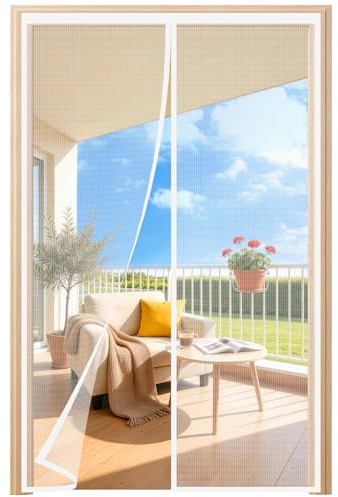 HALIDOOR Mosquitera Puerta Magnética 135x205 cm Blanco, cortina mosquitera con imanes, Cierre Automático sin Taladrar, Malla Fina, Poliéster Resistente para Puerta Exterior, Balcón, Salón y Entrada