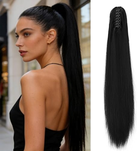 Pferdeschwanz Extension Synthetisch 60cm, Haarteil 2-in-1 Design mit Klammer, Natürlich und Glatt, für Feines und Kurzes Haar, Schnelles Styling