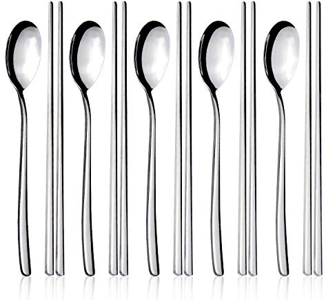Juego de cucharas y palillos, 5 pares de palillos planos de acero inoxidable, 5 juegos de cucharas coreanas, palillos de metal reutilizables, aptos para lavavajillas, para el hogar, la cocina o el