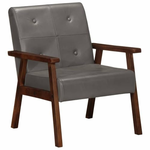 Bucmath Fåtölj grått äkta läder, 61 x 70 x 74 cm, massivt akaciaträ, bekväm loungestol för vardagsrum, sovrum, kontor, mysig inomhussäte för vuxna