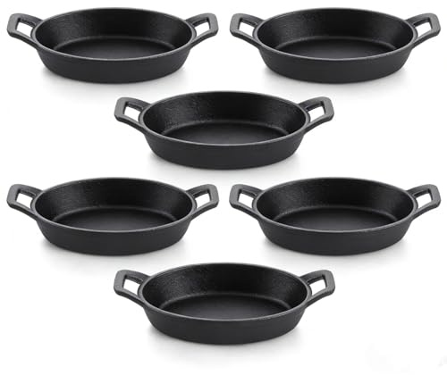 LDHHYH 6 Pack Mini Cast Iron Skillets, 15.5cm Small Oval Cast Iron Serving Plates, Round Ironed Serving Plates with Handles, Gratin Casserole Cookware for Cooking, Baking and Table Serving
