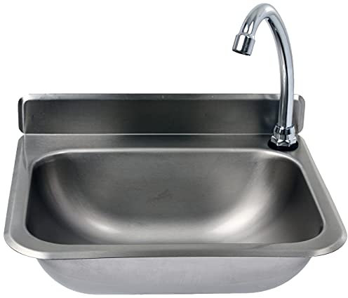 SARO Handwaschbecken aus Edelstahl – Mit Kniebedienung & Rückschlagventil – Zur Wandmontage inkl. Siphon – Beweglicher Hahn – 375×310 mm – Modell ROKIA
