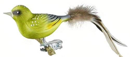 Birds of Glass® Glas-Vogel, Grünfink mit Naturfeder | Glasschmuck Made in Germany aus eigener Herstellung | deko Vogel mit Clip, Glasvogel, echter Lauschaer Christbaumschmuck, für den Innenbereich