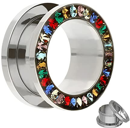 Treuheld® | KRISTALL FLESH TUNNEL in Silber mit BUNTEN Kristallen - 17 Größen: 2-30mm - schraubbar - mit Kristallschutz! - Strass Piercing Ohr Plug - Regenbogen Zirkonia - Chirurgenstahl 316L
