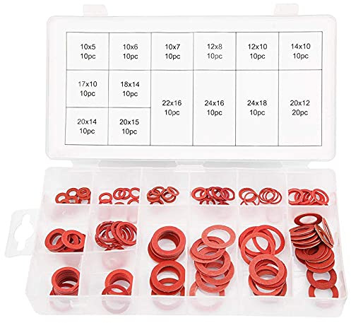 Akozon Unterlegscheiben 150 stücke 14 Größen Rot Stahl Papierfaser Flache Unterlegscheiben Kit Isolationswascher Sortiment Set mit Aufbewahrung flach Fall Box