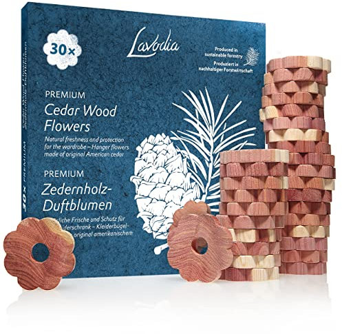 Lavodia Zedernholz Ringe - 30 Premium Zeder Blumen für den Kleiderschrank - Natürlicher Mottenschutz und Raumduft gegen Kleidermotten - Effektive Mottenfalle aus Zederholz - 4,5 x 4,5 x 0,8 cm