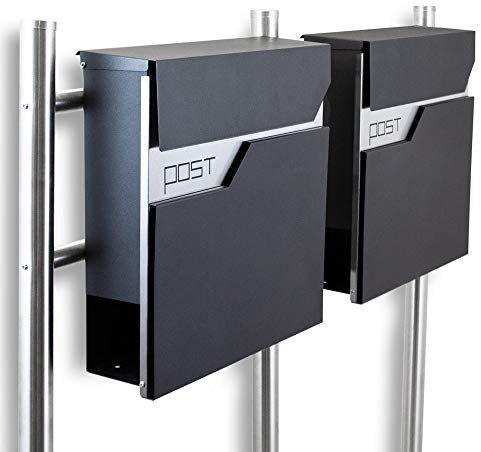 BITUXX® Design Doppel Standbriefkasten 16782 Briefkasten Briefkastenanlage Freistehender Postkasten mit Zeitungsfach Anthrazit Graphit Edelstahl