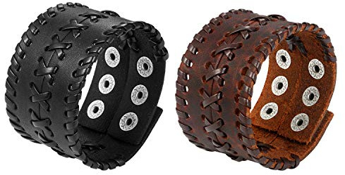 JewelryWe Punk Breit Lederarmband Herren: 2pcs 4cm Breit Geflochten Leder Armband mit Druckknopf Verstellbar Gothic Biker Rock Manschette Armreif Halloween Armschmuck Geschenk für Männer Schwarz/Braun