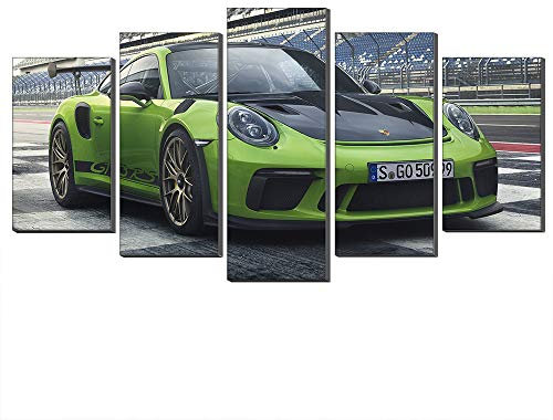 Annick Goutal 5 Panels Porsche 2018 911 GT3 RS Leinwand Ölgemälde Wandkunst Grün Sportwagen Bild Leinwand Kunstwerk Für Wohnkultur (Mit Rahmen,75 x 150 cm)